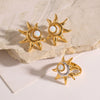Women's Stainless Steel Cat's Eye Stone Ring And Earring Set With Geometric Sun Pattern And Vacuum Electroplated Finish