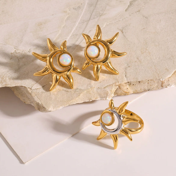 Women's Stainless Steel Cat's Eye Stone Ring And Earring Set With Geometric Sun Pattern And Vacuum Electroplated Finish