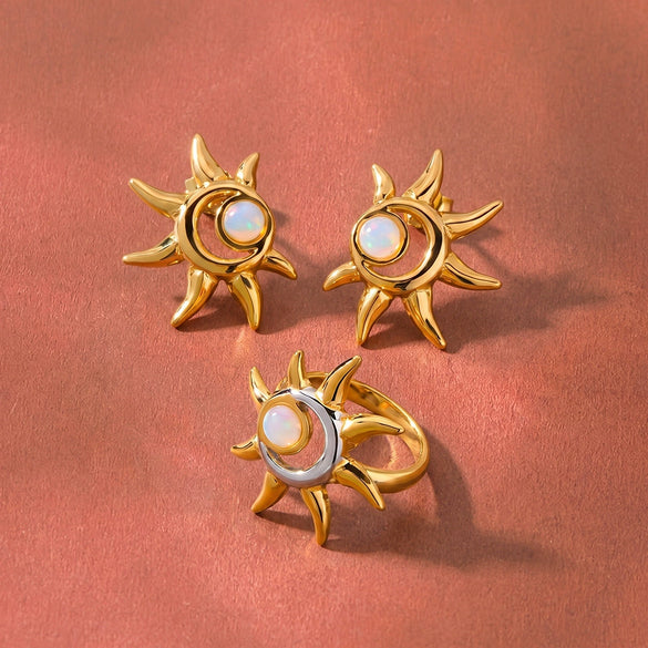 Women's Stainless Steel Cat's Eye Stone Ring And Earring Set With Geometric Sun Pattern And Vacuum Electroplated Finish