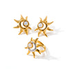 Women's Stainless Steel Cat's Eye Stone Ring And Earring Set With Geometric Sun Pattern And Vacuum Electroplated Finish