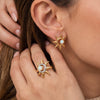 Women's Stainless Steel Cat's Eye Stone Ring And Earring Set With Geometric Sun Pattern And Vacuum Electroplated Finish