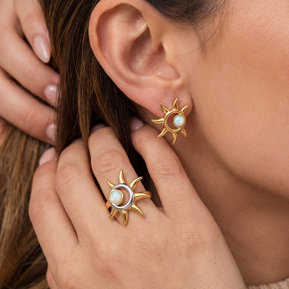 Women's Stainless Steel Cat's Eye Stone Ring And Earring Set With Geometric Sun Pattern And Vacuum Electroplated Finish