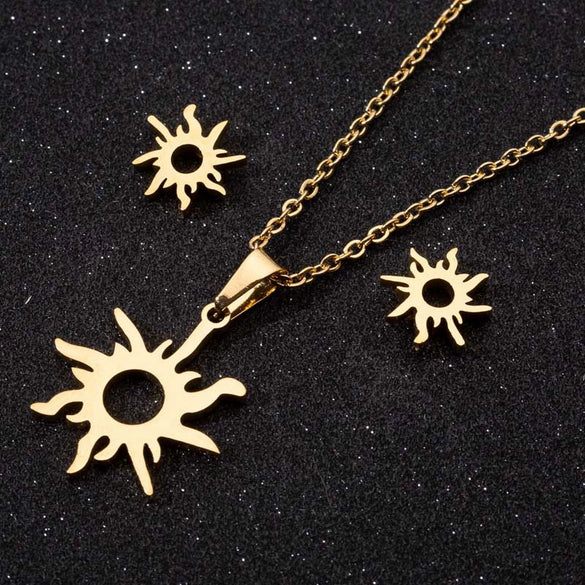 Women's Stainless Steel Celestial Necklace And Earrings Set With Hollow Sun Pendant Stars Moon And Cloud Motifs Electroplated Simple Natural Jewelry
