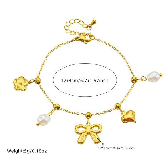 Women's Stainless Steel Chain Bracelet With Bow Tie And Heart Shape Pattern Electroplated