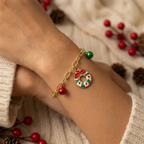 Women's Stainless Steel Christmas Charm Bracelet With Candy Christmas Tree And Snowflake Pendants Electroplated Holiday Jewelry