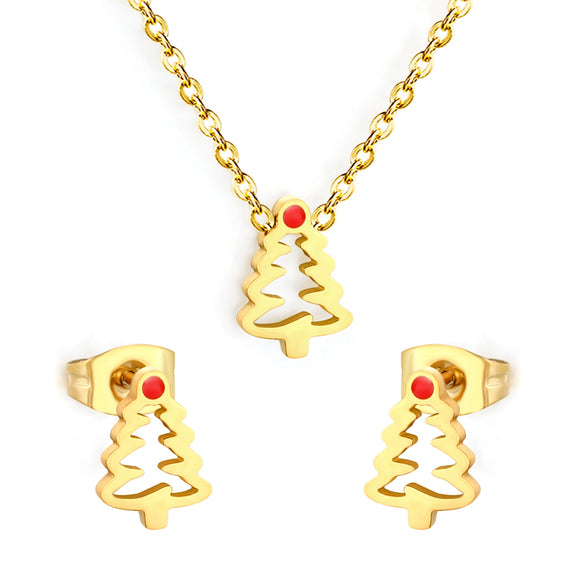 Women's Stainless Steel Christmas Tree Necklace And Earrings Set With Hollow Oil Drip Design Electroplated Fashion Jewelry