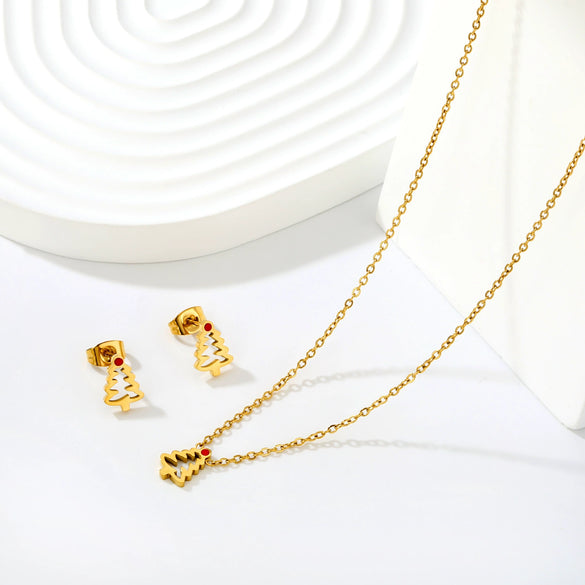 Women's Stainless Steel Christmas Tree Necklace And Earrings Set With Hollow Oil Drip Design Electroplated Fashion Jewelry