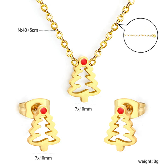 Women's Stainless Steel Christmas Tree Necklace And Earrings Set With Hollow Oil Drip Design Electroplated Fashion Jewelry