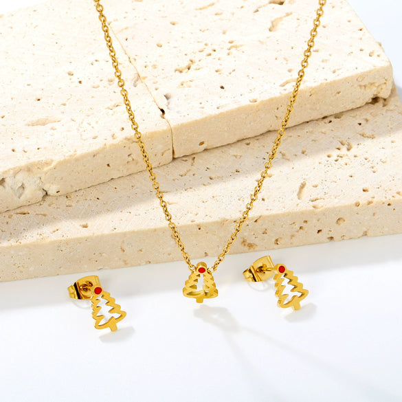 Women's Stainless Steel Christmas Tree Necklace And Earrings Set With Hollow Oil Drip Design Electroplated Fashion Jewelry