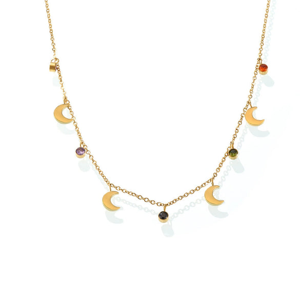 Women's 316L Stainless Steel Clavicle Necklace With Multicolor Rhinestone Tassel And Moon Pendant Electroplated With 18K Real Gold Geometric Light Luxury Style