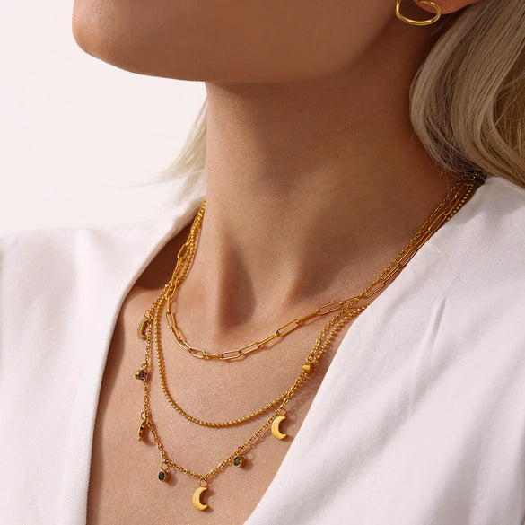 Women's 316L Stainless Steel Clavicle Necklace With Multicolor Rhinestone Tassel And Moon Pendant Electroplated With 18K Real Gold Geometric Light Luxury Style