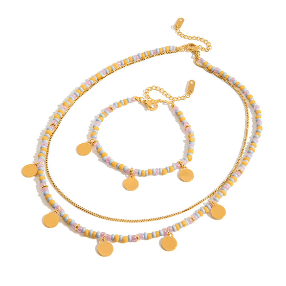 Women's Stainless Steel Colorful Rice Beads Beaded Necklace And Small Disc Bracelet French Retro Stacking Clavicle Chain Electroplated