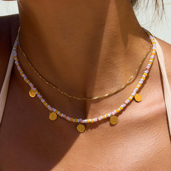 Women's Stainless Steel Colorful Rice Beads Beaded Necklace And Small Disc Bracelet French Retro Stacking Clavicle Chain Electroplated