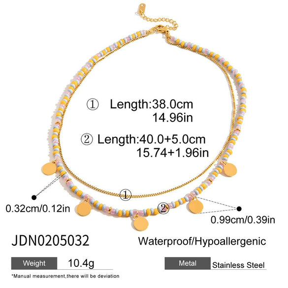 Women's Stainless Steel Colorful Rice Beads Beaded Necklace And Small Disc Bracelet French Retro Stacking Clavicle Chain Electroplated