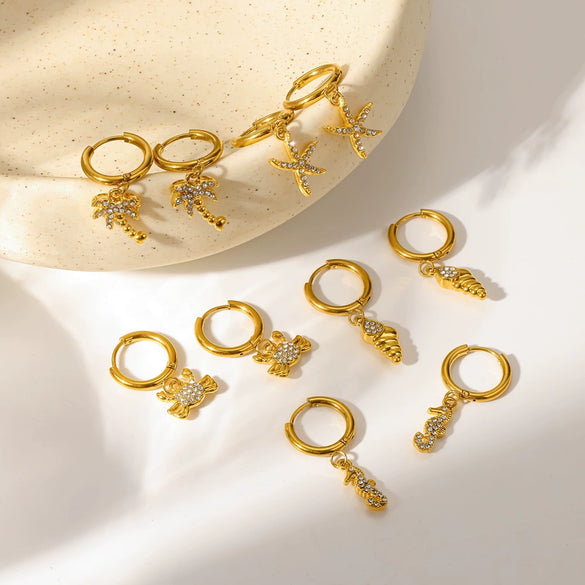 Women's Stainless Steel Crab Pendant Earrings With Diamond Accents And Real Gold Plated Finish High End Animal Design