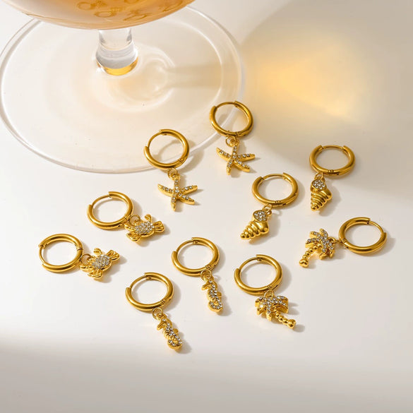 Women's Stainless Steel Crab Pendant Earrings With Diamond Accents And Real Gold Plated Finish High End Animal Design