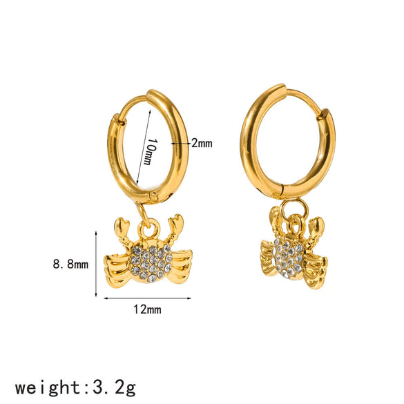Women's Stainless Steel Crab Pendant Earrings With Diamond Accents And Real Gold Plated Finish High End Animal Design