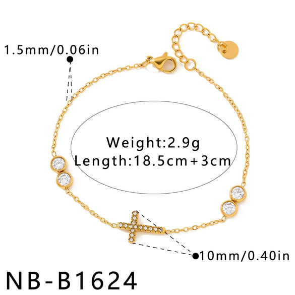 Women's Stainless Steel Cross Necklace And Bracelet Set With Cubic Zirconia Geometric Design And Electroplated Finish