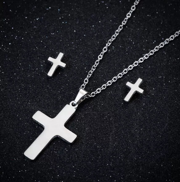 Women's Stainless Steel Cross Pendant Necklace And Earrings Set With Geometric Electroplated Design