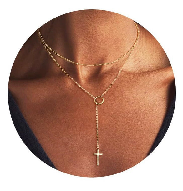 Women's Stainless Steel Cross Pendant Necklace With Geometric Clavicle Chain Electroplated Light Luxury Elegant Layered Style