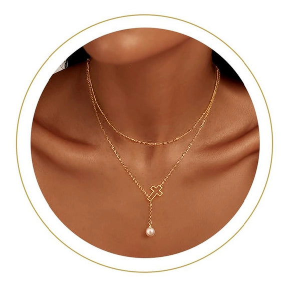 Women's Stainless Steel Cross Pendant Necklace With Geometric Clavicle Chain Electroplated Light Luxury Elegant Layered Style