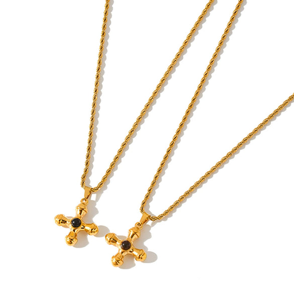 Women’s Stainless Steel Cross Pendant Necklace With Natural Stone Design Geometric Style And 18K Vacuum Plated Finish