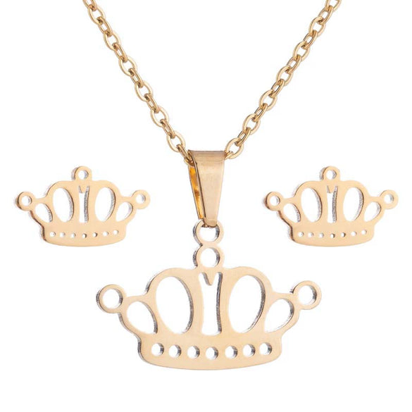 Women's Stainless Steel Crown Necklace And Earrings Jewelry Set With Electroplated Finish And Simple Elegant Design Wholesale