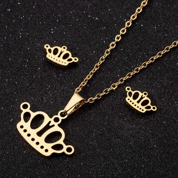 Women's Stainless Steel Crown Necklace And Earrings Jewelry Set With Electroplated Finish And Simple Elegant Design Wholesale