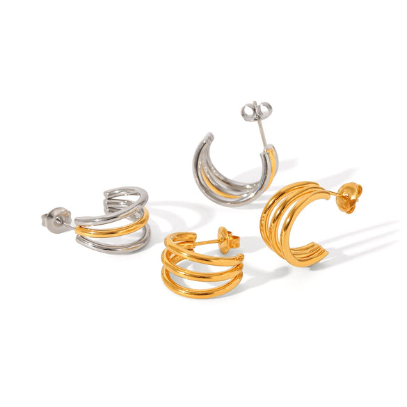Women's Stainless Steel Cshaped Threelayer Line Geometric Electroplated Earrings