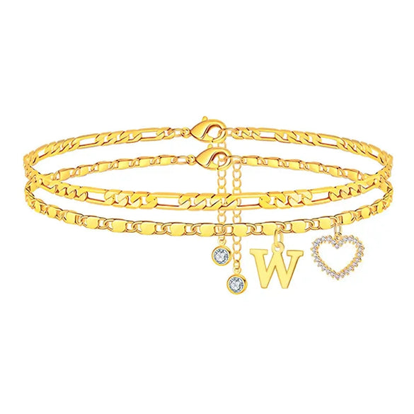 Women's Stainless Steel Cuban Anklet With Crystal Letter Pendant Diamond Encrusted Alphabet Chain Anklet