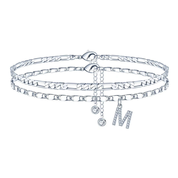 Women's Stainless Steel Cuban Anklet With Crystal Letter Pendant Diamond Encrusted Alphabet Chain Anklet