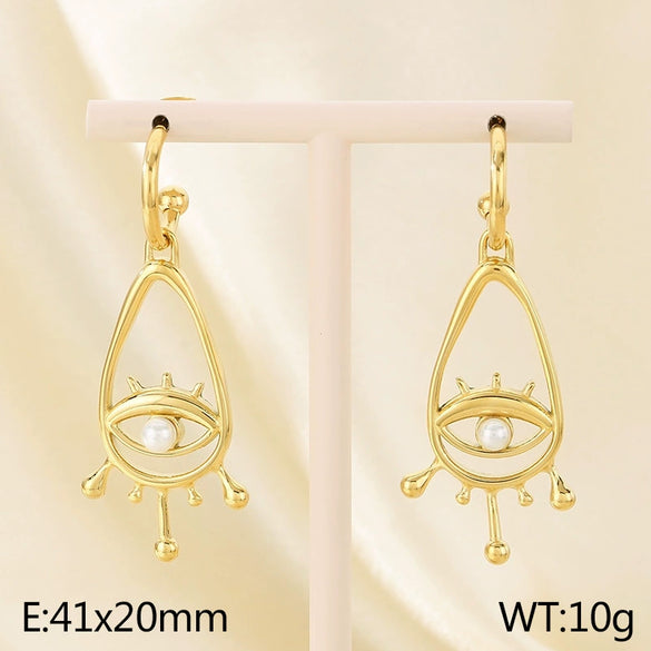 Women's Stainless Steel Cut Out Devil's Eye Inlaid Pearl Geometric Style Electroplated Earrings