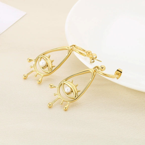 Women's Stainless Steel Cut Out Devil's Eye Inlaid Pearl Geometric Style Electroplated Earrings