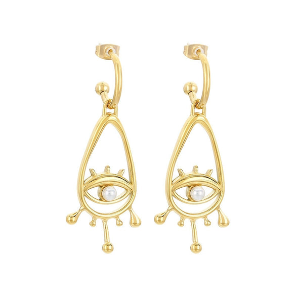 Women's Stainless Steel Cut Out Devil's Eye Inlaid Pearl Geometric Style Electroplated Earrings