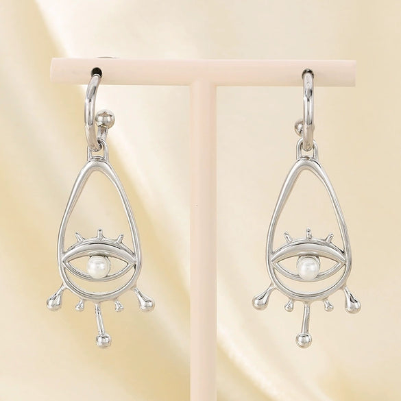 Women's Stainless Steel Cut Out Devil's Eye Inlaid Pearl Geometric Style Electroplated Earrings