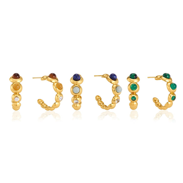 Women's Stainless Steel Cwave Stud Earrings With Natural Stone And Geometric Plated Design