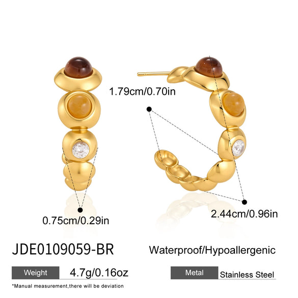 Women's Stainless Steel Cwave Stud Earrings With Natural Stone And Geometric Plated Design