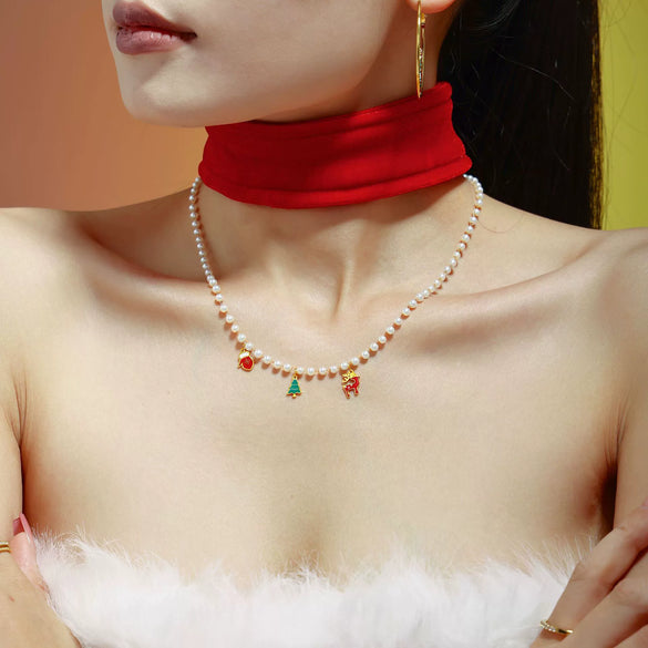 Women's Stainless Steel Deer And Christmas Tree Necklace And Bracelet Set With Imitation Pearl Accents Electroplated Cute Animal Jewelry Gift