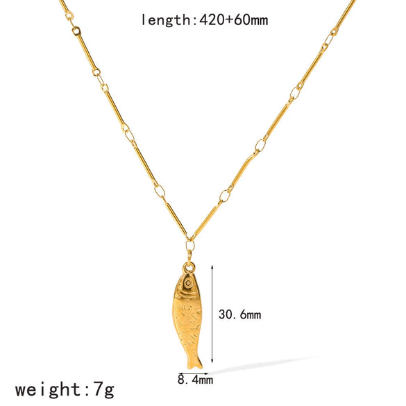 Women's Stainless Steel Double Fish Necklace And Earring Jewelry Set With Pvd Real Gold Plated Animal Pendant Clavicle Chain