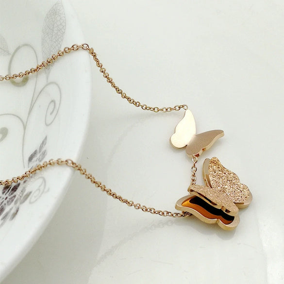 Women's Stainless Steel Double Layer Butterfly Pendant Necklace With Electroplated Ochain Design Fairy Style Jewelry