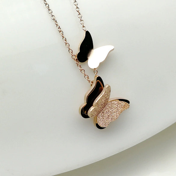 Women's Stainless Steel Double Layer Butterfly Pendant Necklace With Electroplated Ochain Design Fairy Style Jewelry