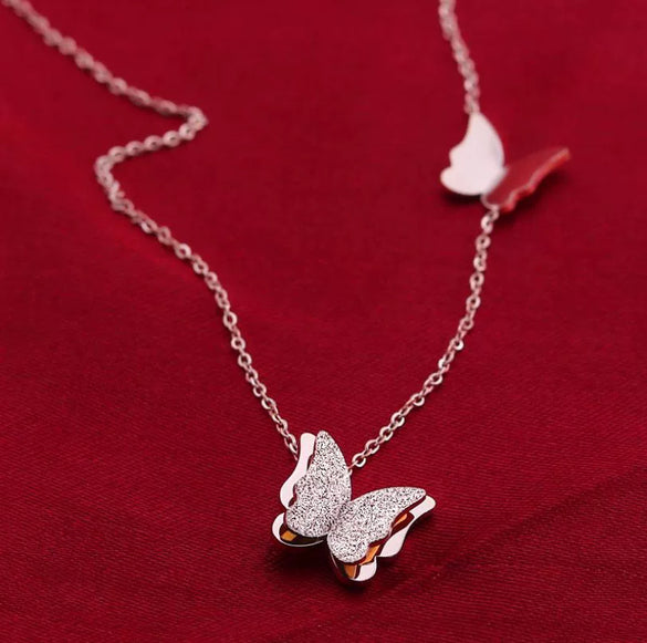 Women's Stainless Steel Double Layer Butterfly Pendant Necklace With Electroplated Ochain Design Fairy Style Jewelry
