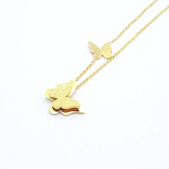 Women's Stainless Steel Double Layer Butterfly Pendant Necklace With Electroplated Ochain Design Fairy Style Jewelry