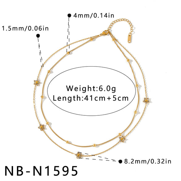 Women's Stainless Steel Double Layer Flower Necklace With Geometric Pendant And Rhinestone Accents 18K Vacuum Electroplated Jewelry