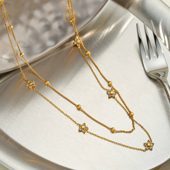 Women's Stainless Steel Double Layer Flower Necklace With Geometric Pendant And Rhinestone Accents 18K Vacuum Electroplated Jewelry