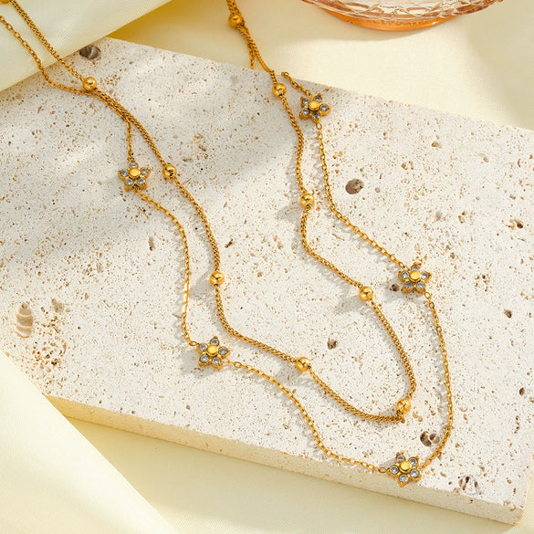 Women's Stainless Steel Double Layer Flower Necklace With Geometric Pendant And Rhinestone Accents 18K Vacuum Electroplated Jewelry