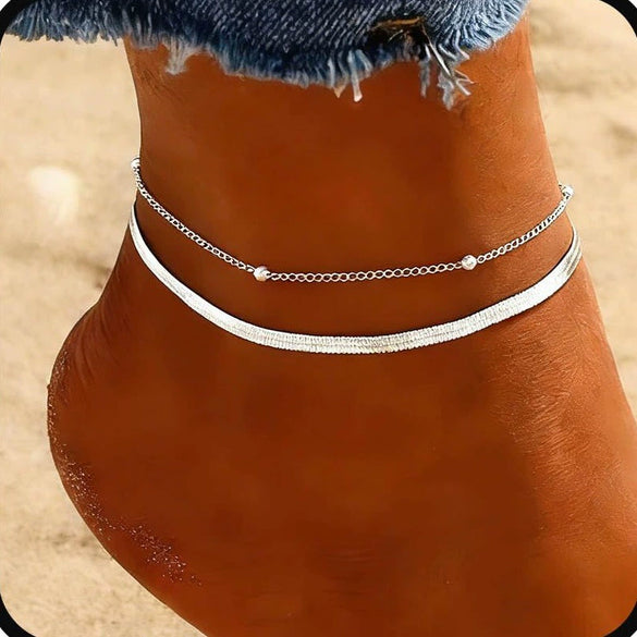Women's Stainless Steel Double Layer Geometric Snake Bone Rice Bead Anklet Simple Elegant Casual Foot Jewelry