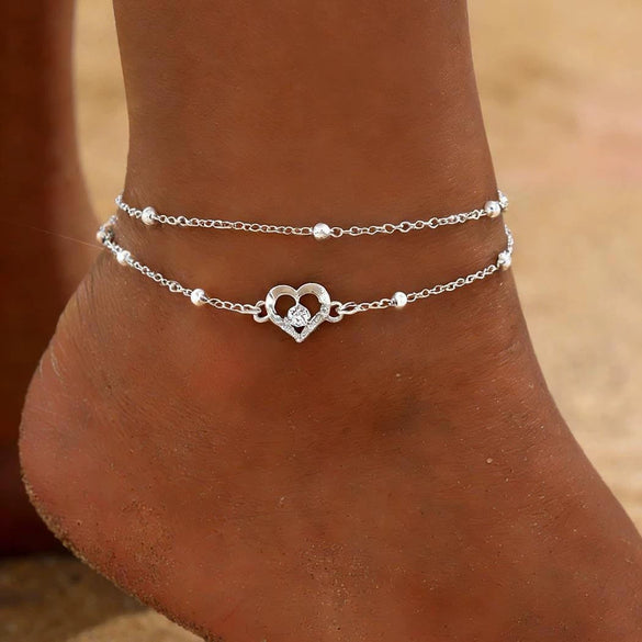 Women's Stainless Steel Double Layer Geometric Snake Bone Rice Bead Anklet Simple Elegant Casual Foot Jewelry