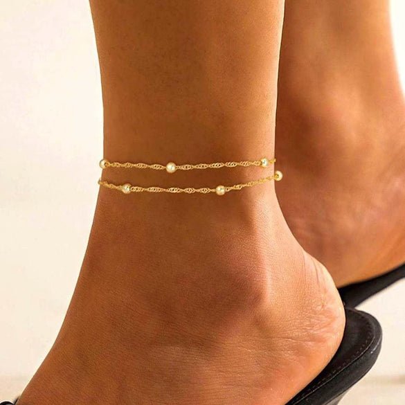 Women's Stainless Steel Double Layer Geometric Snake Bone Rice Bead Anklet Simple Elegant Casual Foot Jewelry