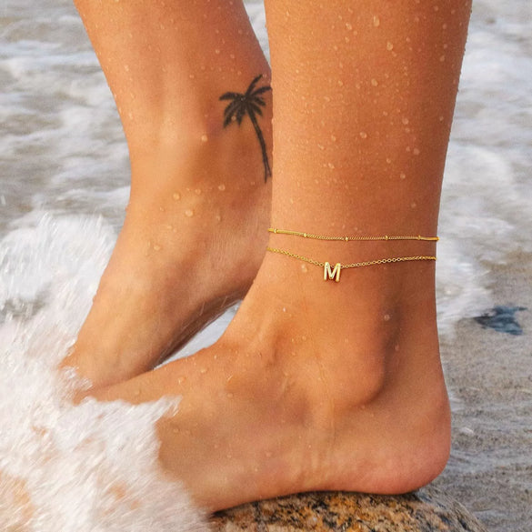 Women’s Stainless Steel Double Layer Letter Anklet With Millet Beads And Gold Tone Finish Simple Fashion Foot Jewelry